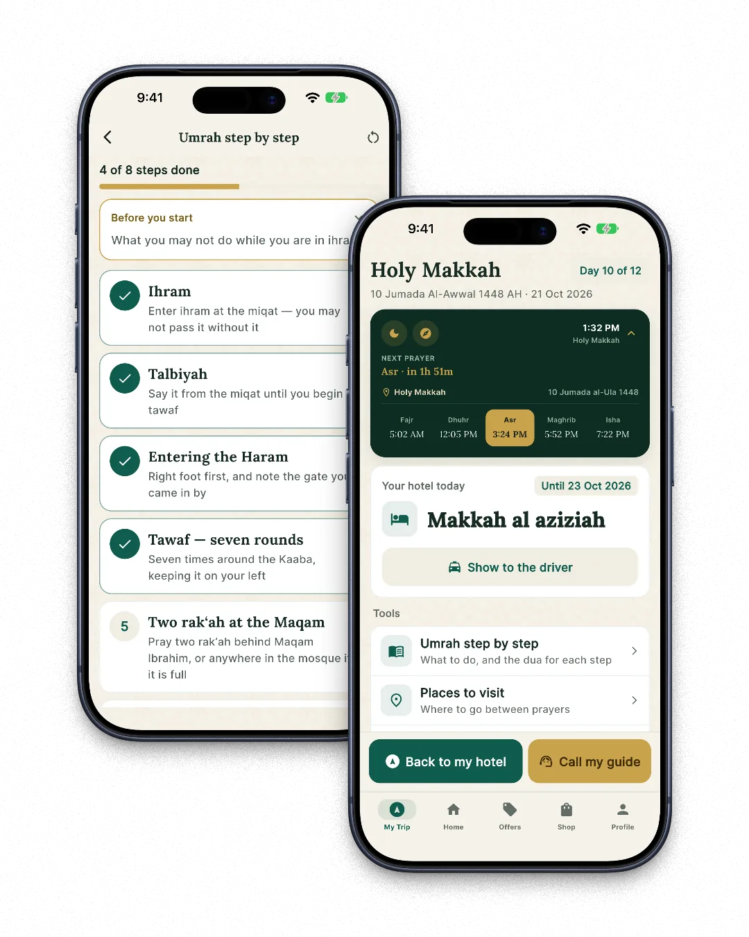 Two iPhones showing the Tawaf app: My Trip and Umrah step by step